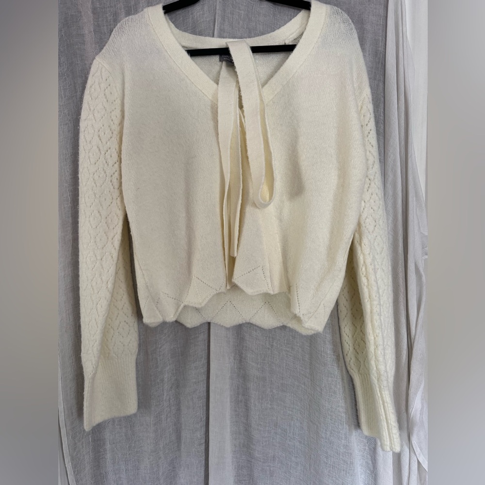 Cupcake Clothing LTD. Faux Wrap White Sweater w tie & sleeve detail. Sz L EUC